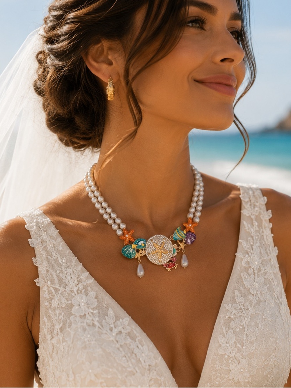 Pearl Double-Strand Necklace w/ Multicolor Sea-Life Pendant - Bridal Jewelry